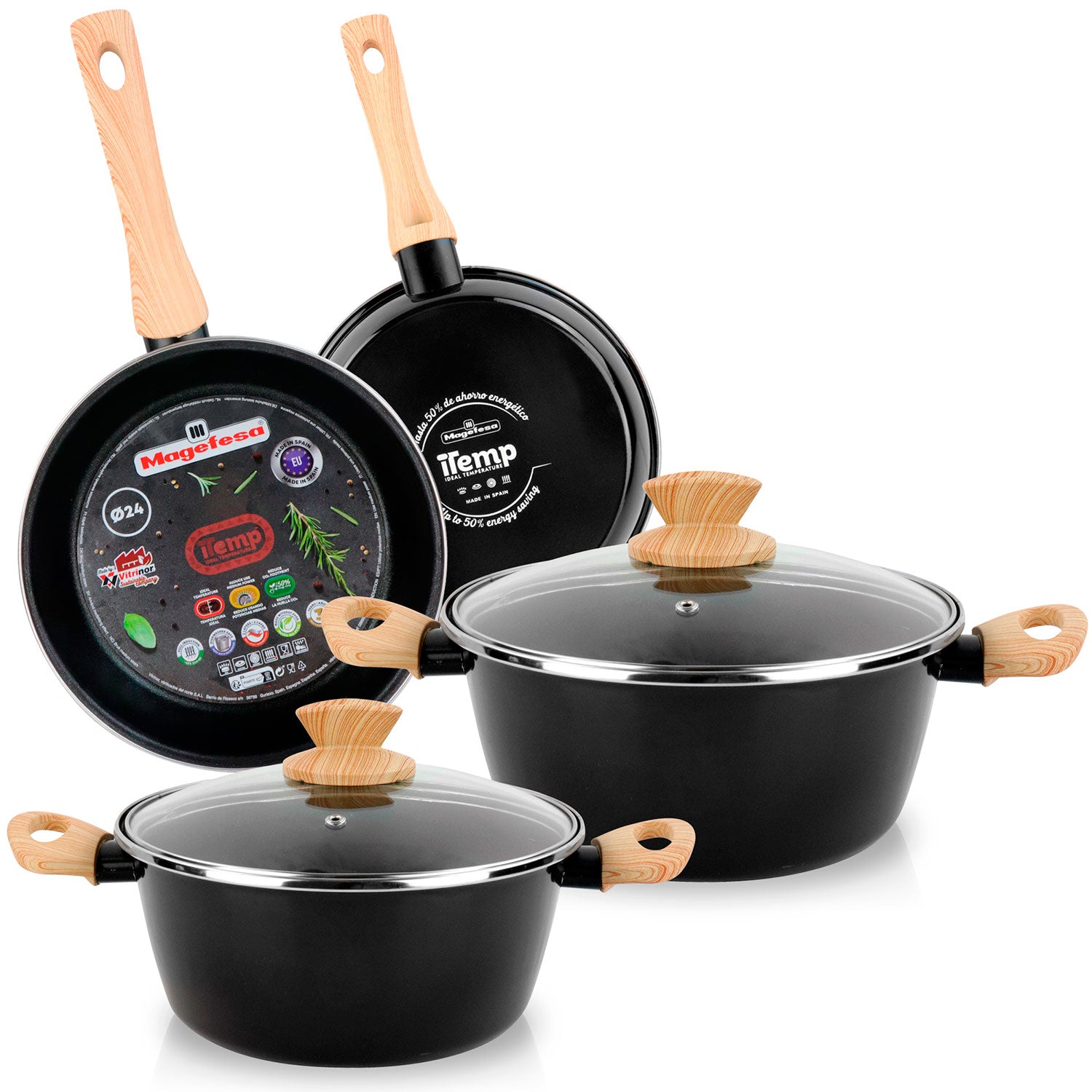 Batería Cocina Inducción 6 Piezas, Antiadherente Libre Pfoa, Exterior Negro Asas Efecto Madera Magefesa Orbe, Negro