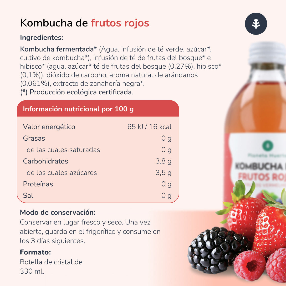 Kombucha ECO Frutos rojos Planeta Huerto 330 ml