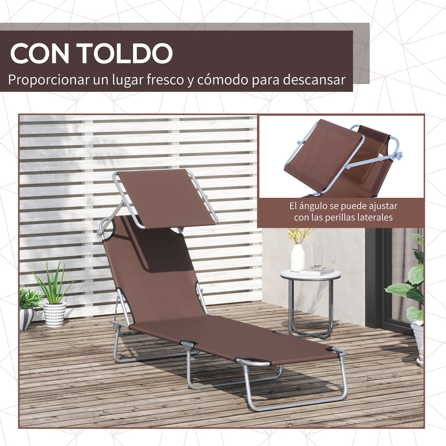 Outsunny Conjunto De 2 Tumbonas Plegables Con Toldo 187x58x36 Cm Marrón_5
