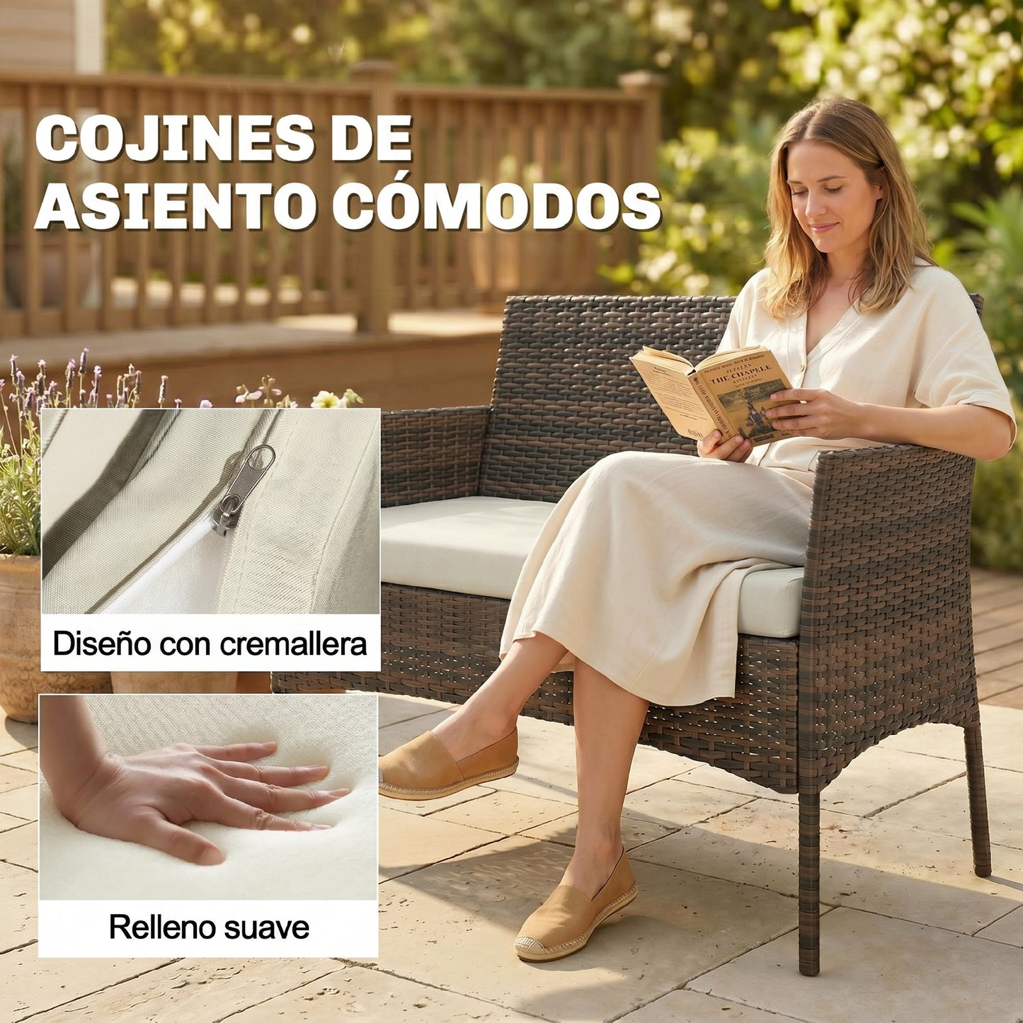 Outsunny Conjunto Jardín Exterior De Ratán Sintético Con Cojines Marrón_5