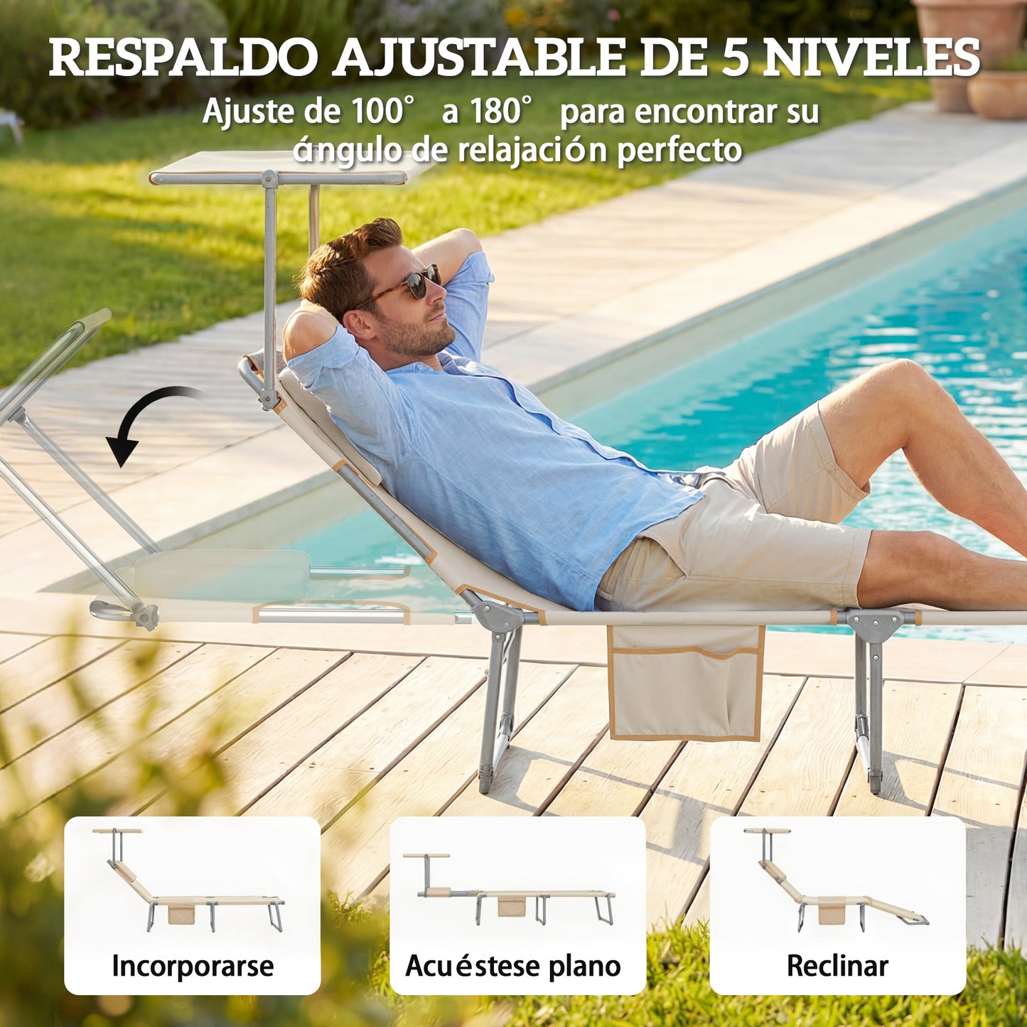 Outsunny Set De 2 Tumbonas Plegables Reclinables Con Dosel 360° Orificio Facial_5