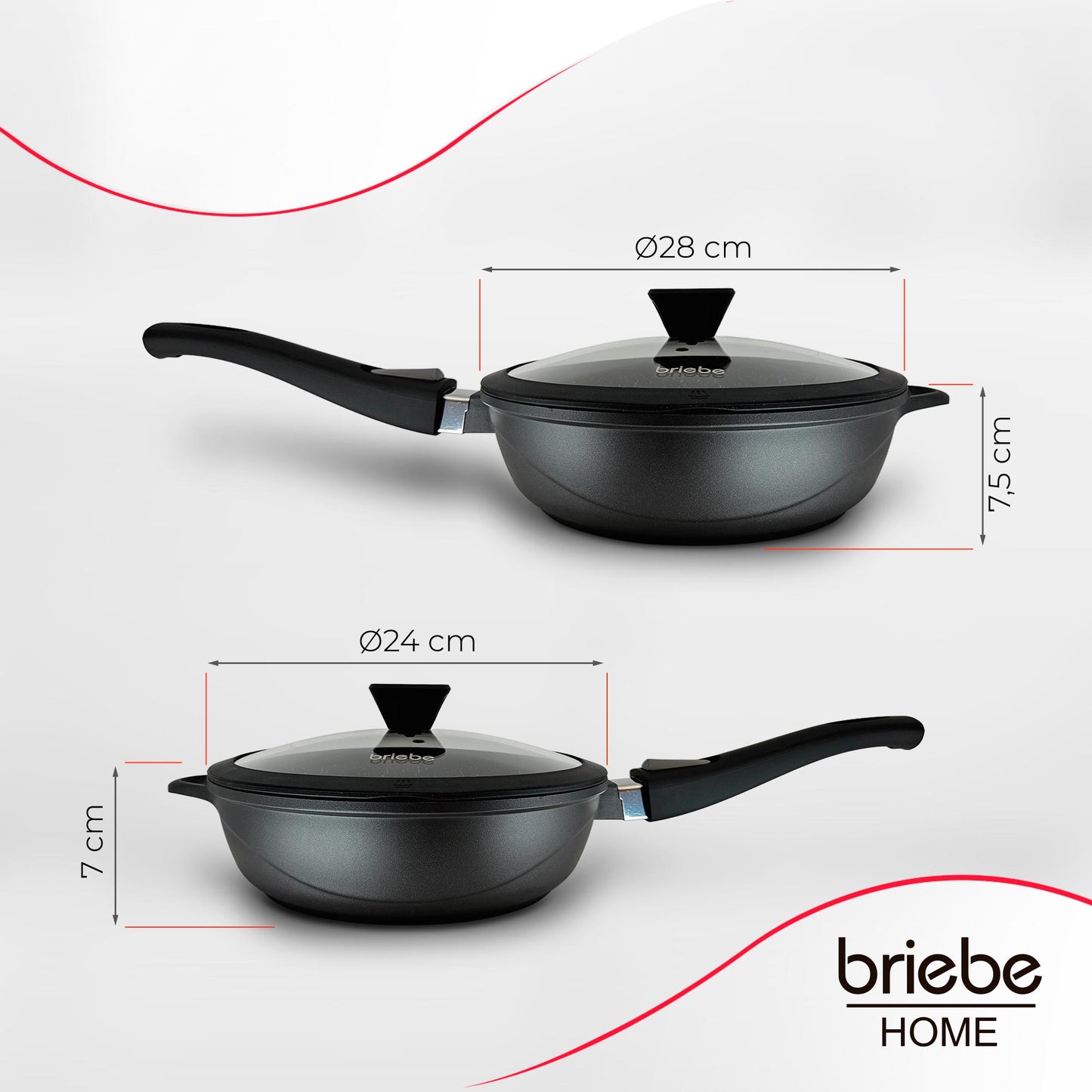 Briebe Set 2 Sartenes Inducción Antiadherentes, Mango Extraíble, Hondas, 24/ 28 Cm Sin Pfoa, Tapas, Mgk19s, Negro_5