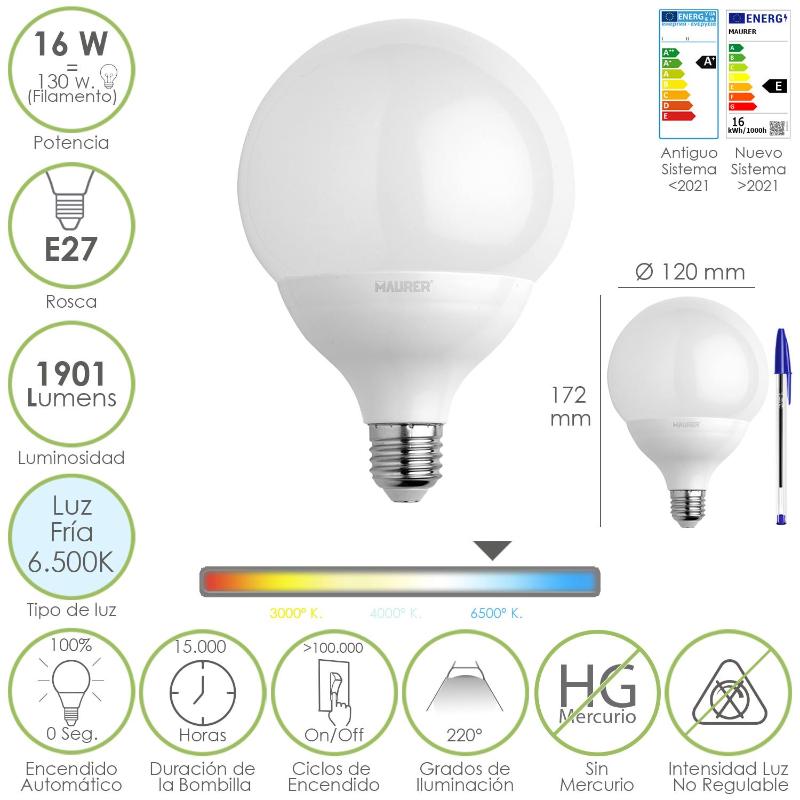 Bombilla Led Globo Rosca E27. 16 Watt. Equivale A 130 Watt. 1901 Lumenes. Luz Fria 6500º K._0