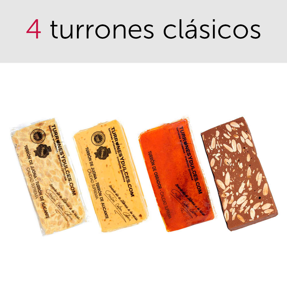 Pack De Turrones Clásicos: Jijona (blando), Alicante (duro), Yema Tostada Y Turrón De Chocolate Con Almendras (con Leche O Puro)_0