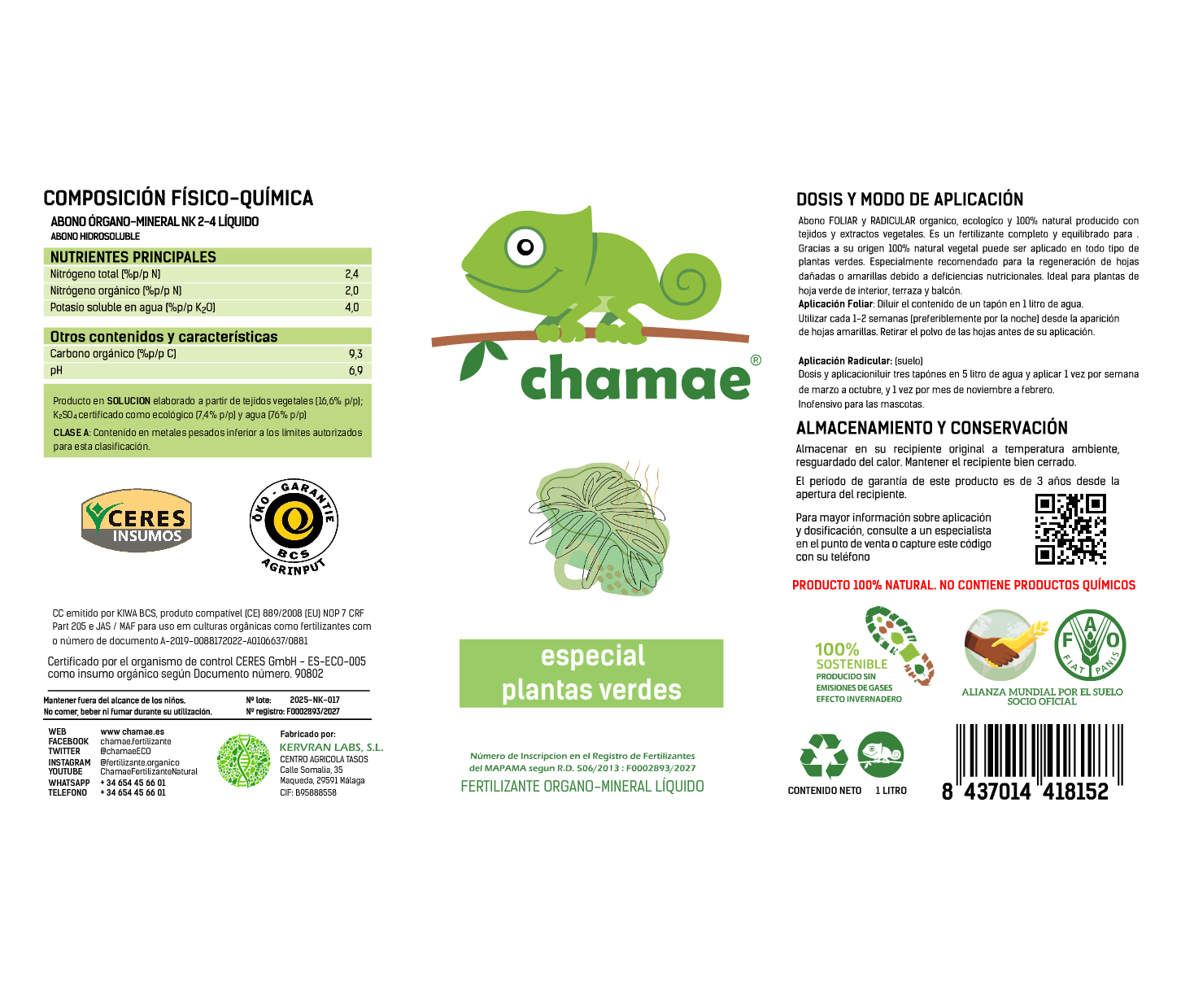 Fertilizante Chamae Especial Plantas Verdes Ecológico. 1 Litro Uso Doméstico.