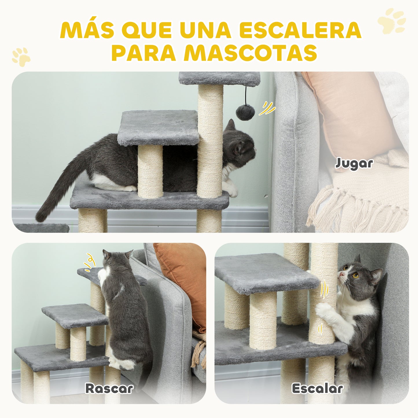 Pawhut Escalera Para Mascotas Ajustable De 3/4 Peldaños Con Bola Colgante Gris_5