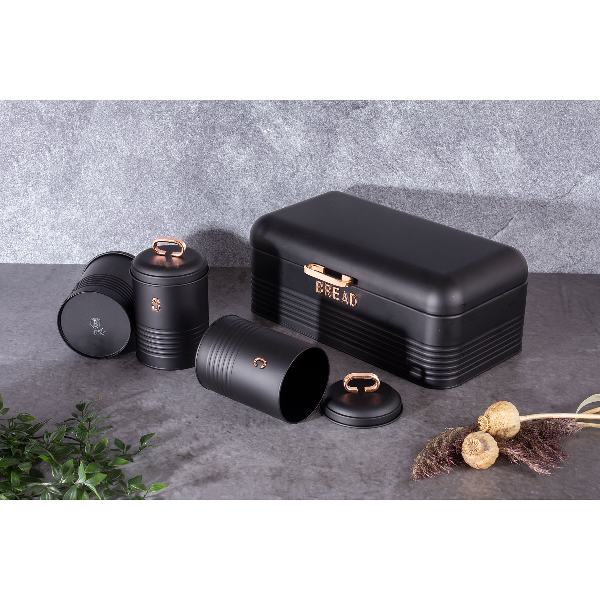 Panera De Mesa +juego 3 Botes Cocina Almacenaje Acero Inoxidable Contenedor De Pan Con Tapa Berlinger Haus Black Rose, Oro Rosado/negro