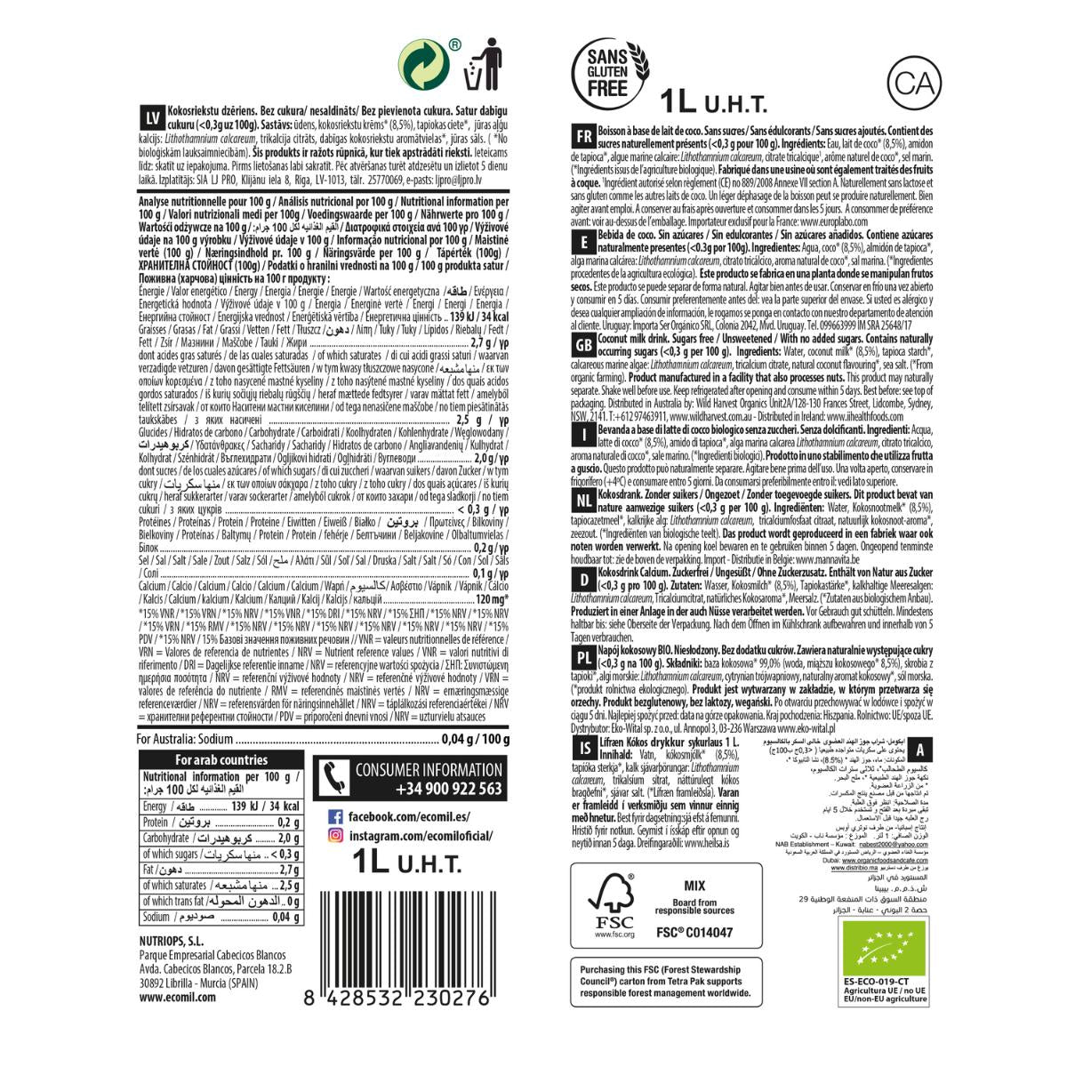 Bebida de Coco Calcio sin azúcar Ecomil 1L