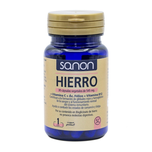 Hierro+Vitamina C+Ácido fólico+ Vitamina B12 SANON 30 cápsulas vegetales de 545 mg