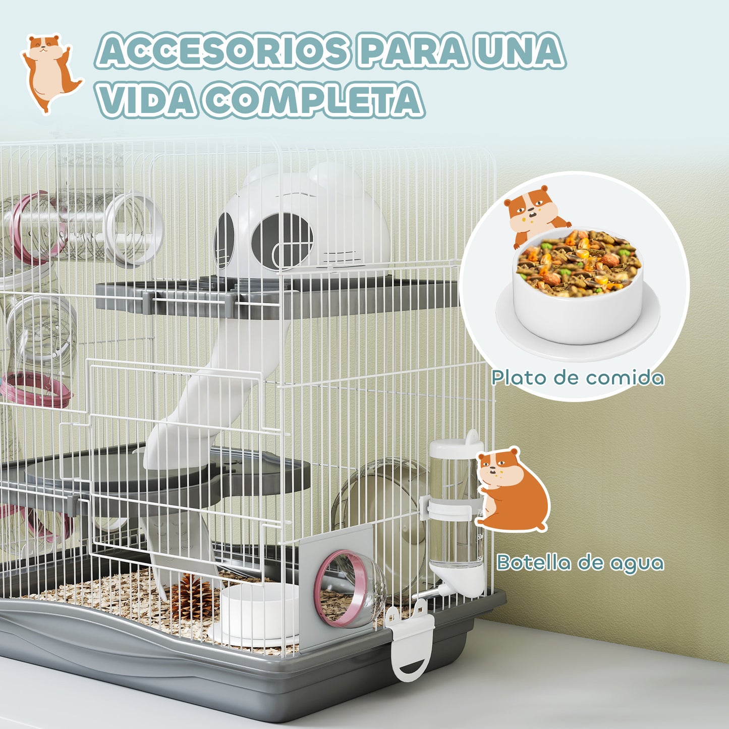 Pawhut Jaula Para Hámster Con Plataformas Rueda Túnel Comedero 45x30x45 Cm Gris_5