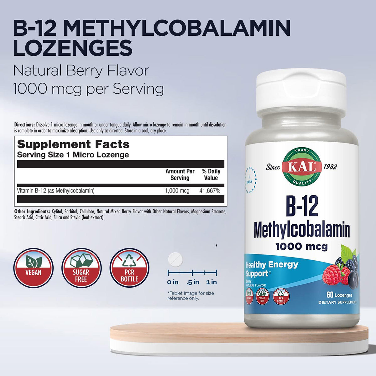 B-12 Methylcobalamin & Adenosilcobalamin, Kal, 60 comprimidos