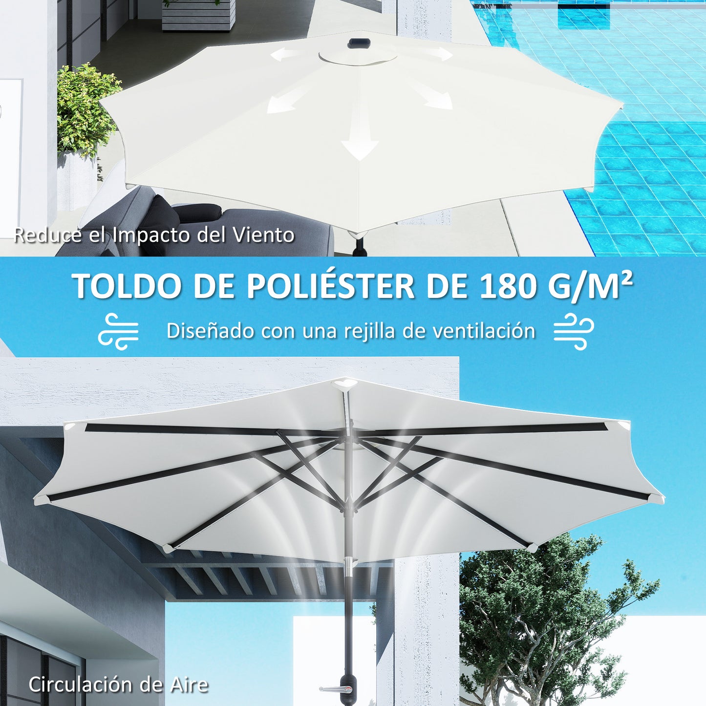 Outsunny Sombrilla Terraza Exterior Ø292x252 Cm Con Inclinación Ajustable Crema_5