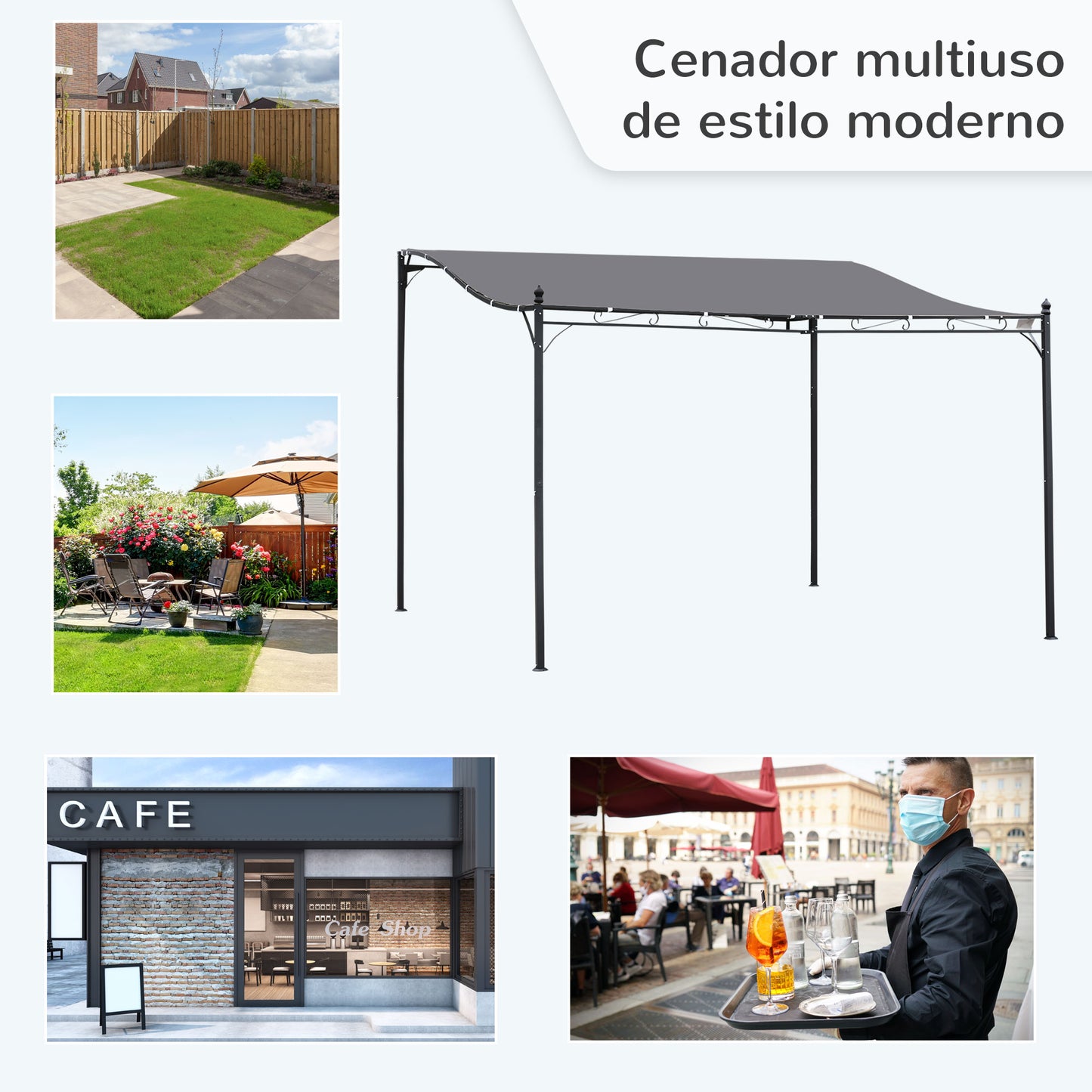 Outsunny Pérgola De Jardín 4x3 M Montado En Pared Con Toldo Y 16 Orificios Gris_5
