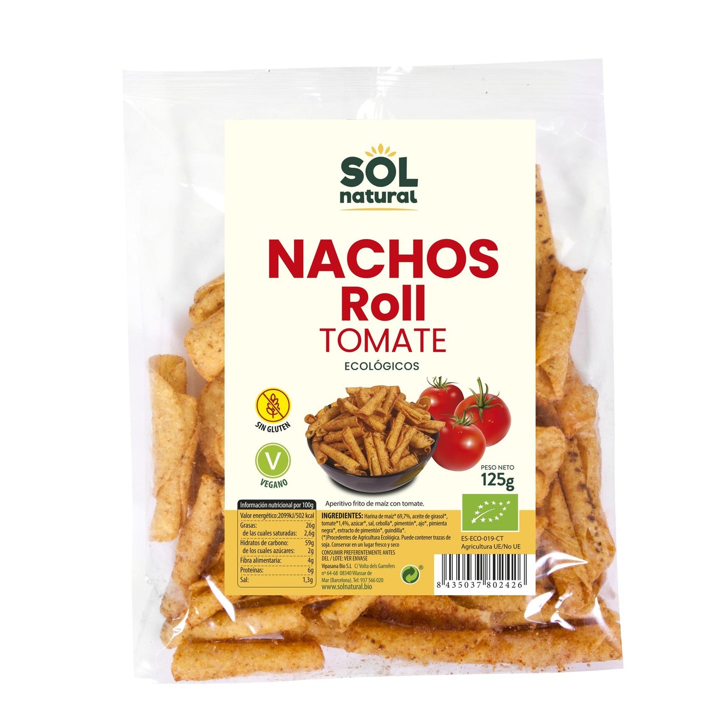 Nachos Roll de Maíz y Tomate Bio Sin gluten Sol Natural 125 g