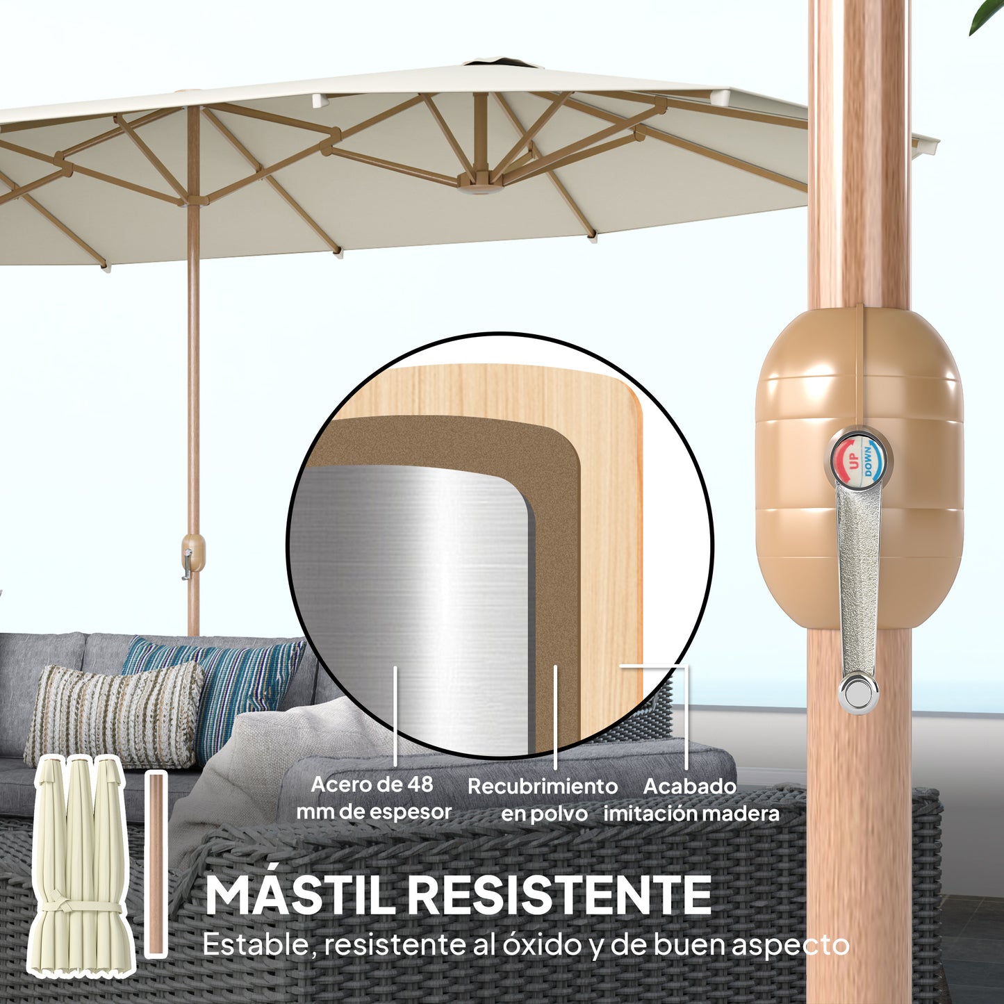 Outsunny Sombrilla Doble 4,6x2,7 M Con Manivela Resistente Al Agua Beige_5