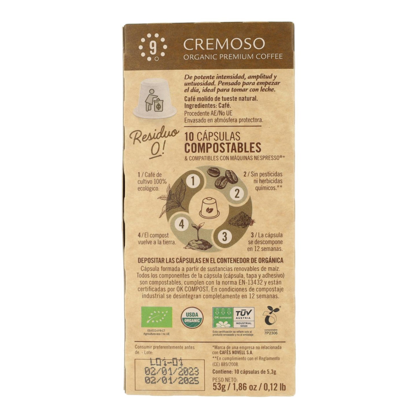 Cápsulas compostables de café cremoso para nespresso 10 unidades