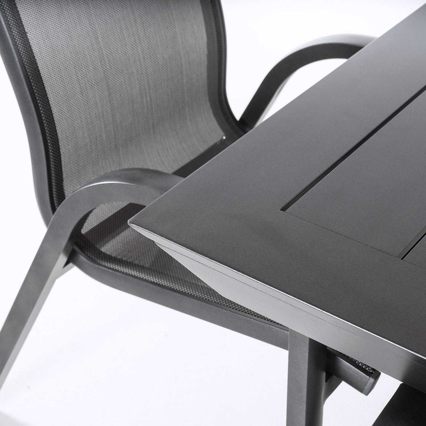 Conjunto Jardin, Mesa Extensible 215/295 Y 8 Sillones Apilables, Aluminio Antracita, Textilene Plata Y Negro, 8 Plazas_4