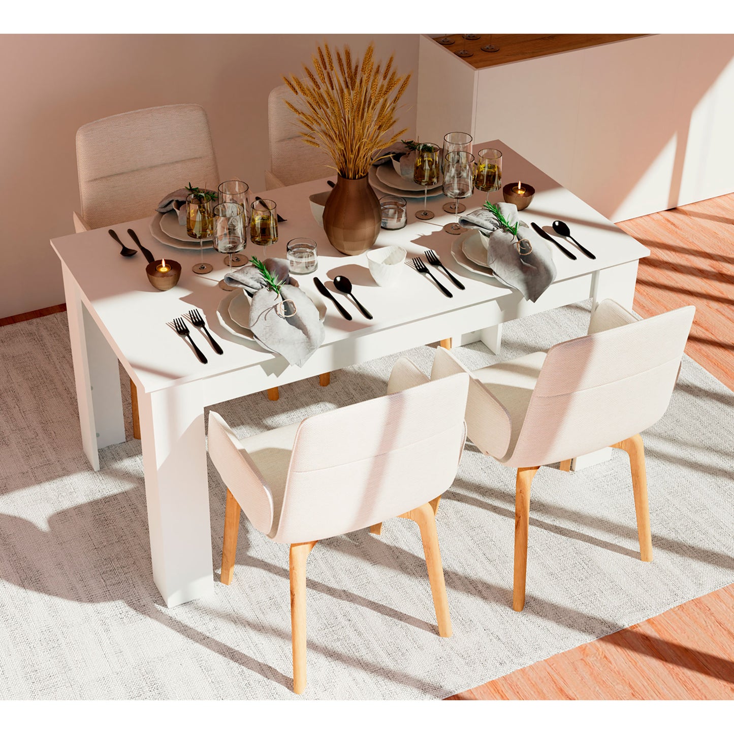 Mesa Comedor Madera, Salón O Cocina Para 4 - 6 Personas 77x140x80 Cm, Muebles Diseño Moderno, Briebe, Opal, Blanco