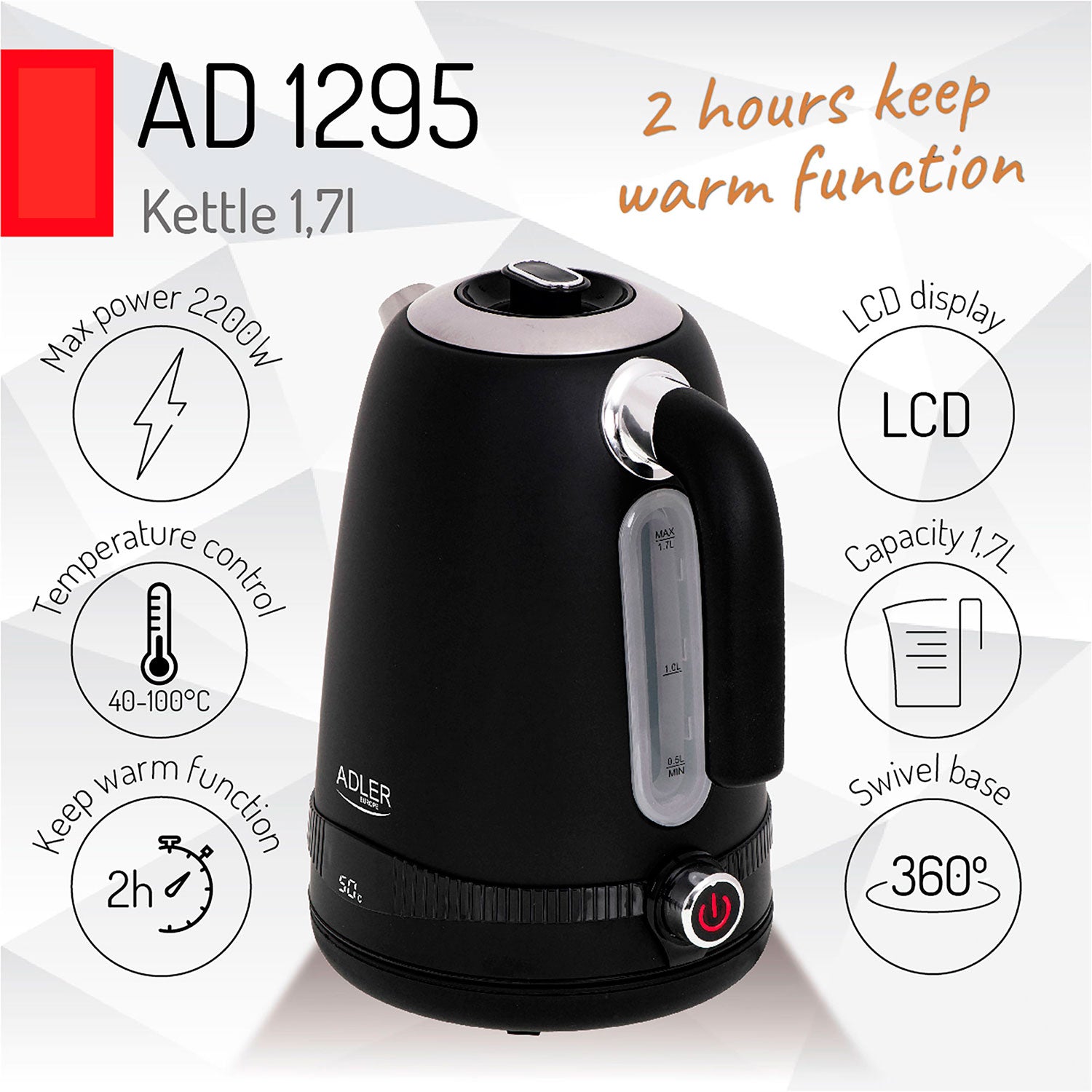 Hervidor Agua Eléctrico, Capacidad 1,7l, Sin Bpa, Control Temperatura, Acero Inox, Inalámbrico Adler Ad1295b, 2200w