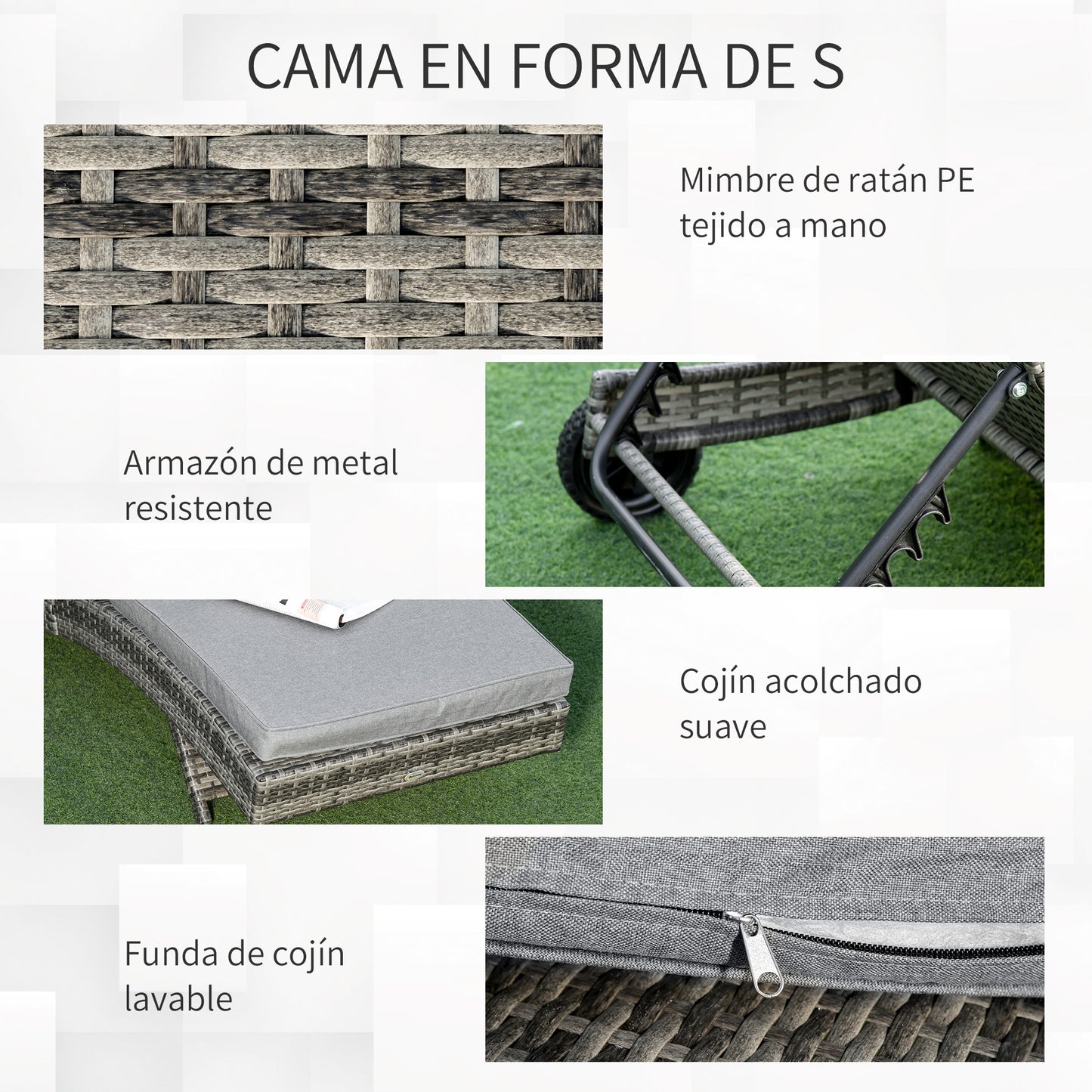 Outsunny Tumbona De Ratán Reclinable En Forma De S Con 2 Ruedas 207x70x70cm Gris_5