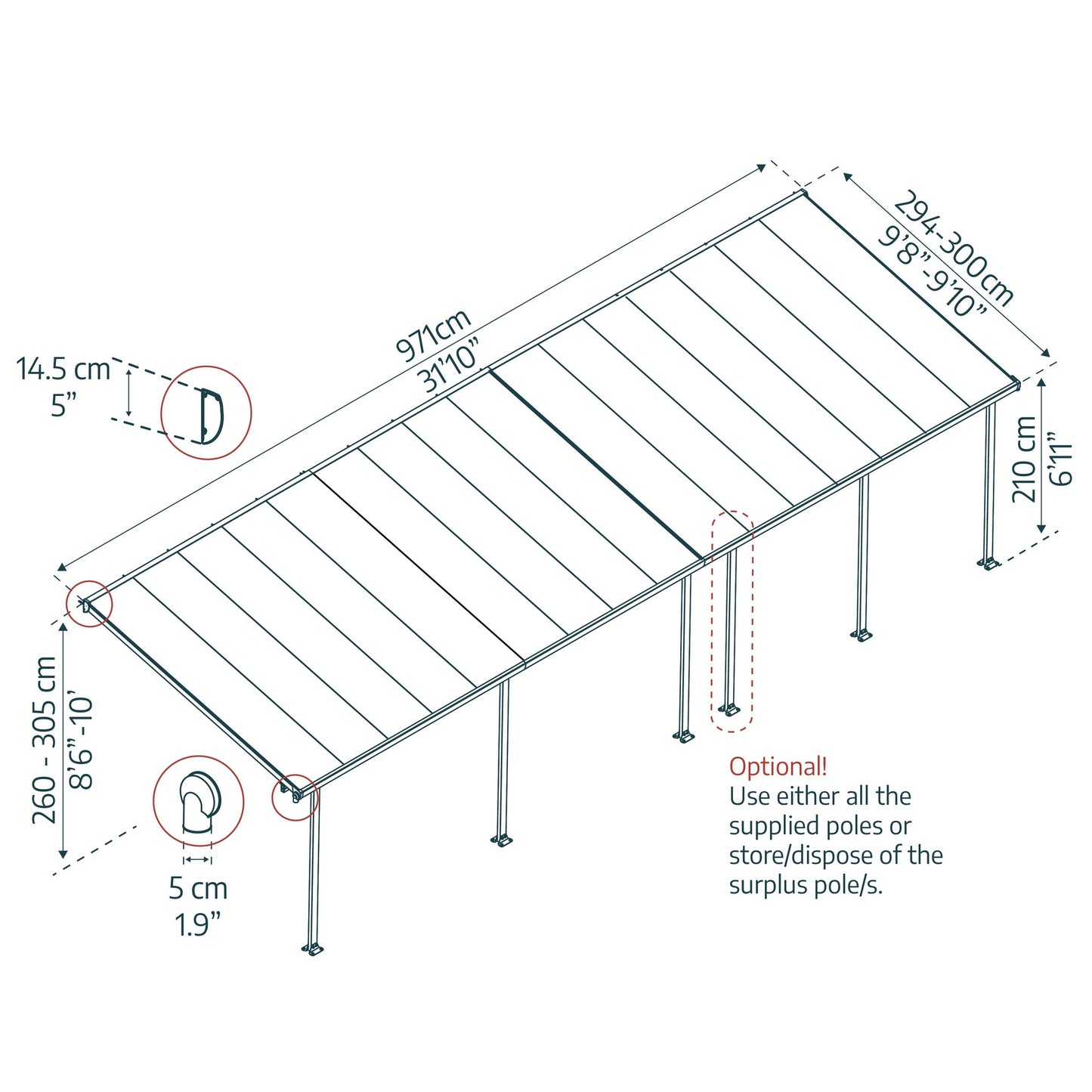Pérgola adosada Feria 300x971 cm gris