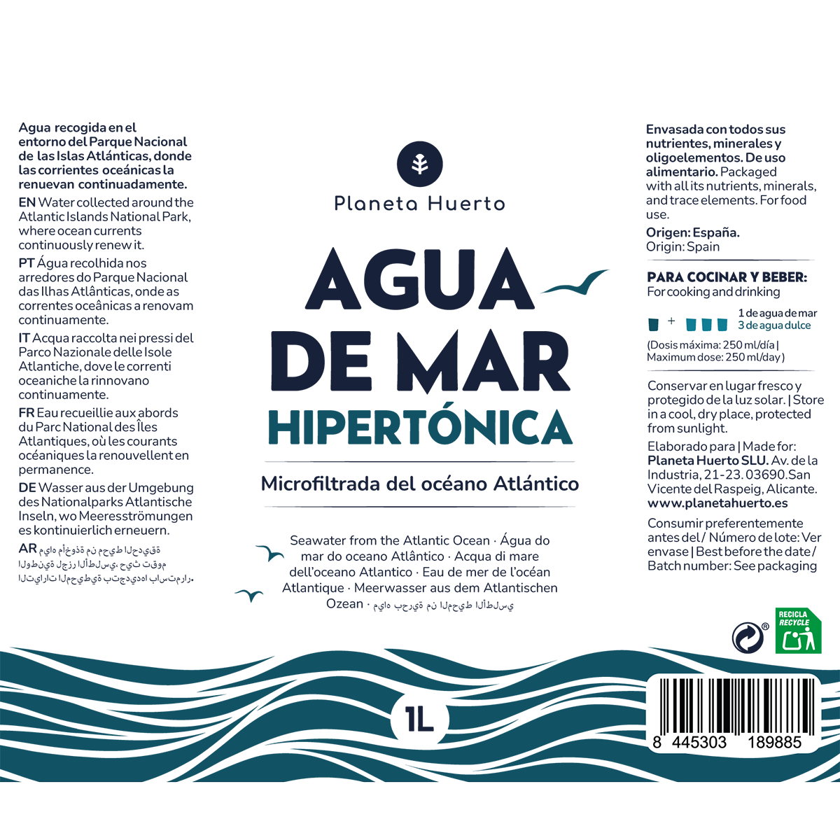 Agua De Mar Hipertónica Planeta Huerto 1 L