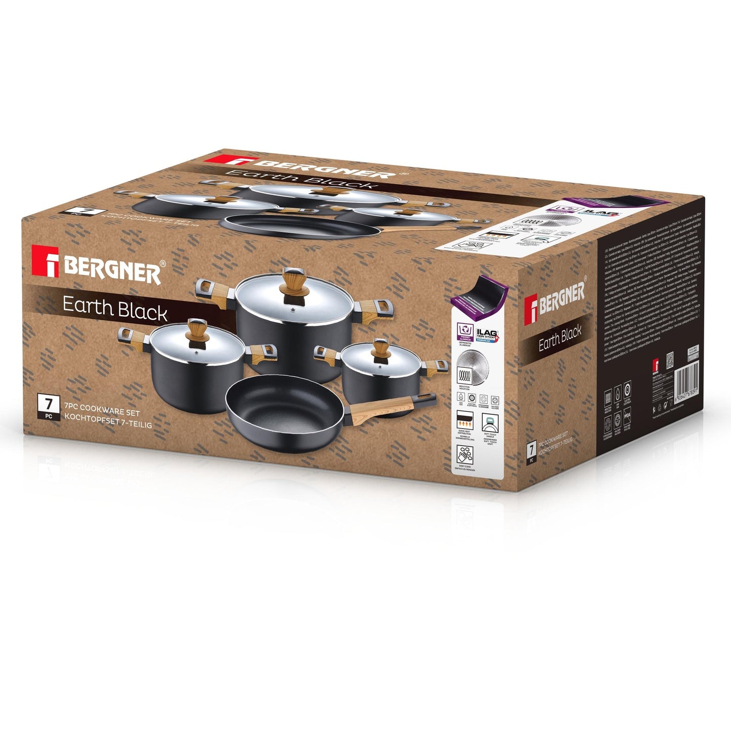 Batería de Cocina de 10 Piezas, 3 cacerolas con tapa + 1 sartén + 3 cuchillos , Fabricada en Aluminio Prensado, BERGNER Earth compatible con Todo Tipo