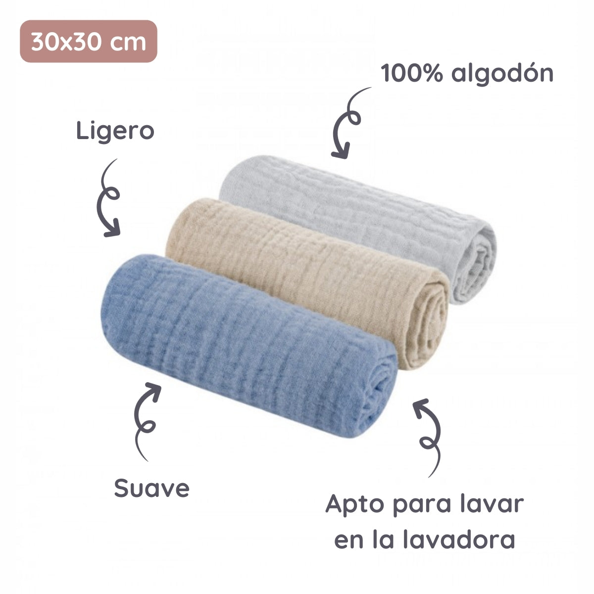 Pack 3 Muselinas De Algodón 30x30 Cm Grey-sand-petrol