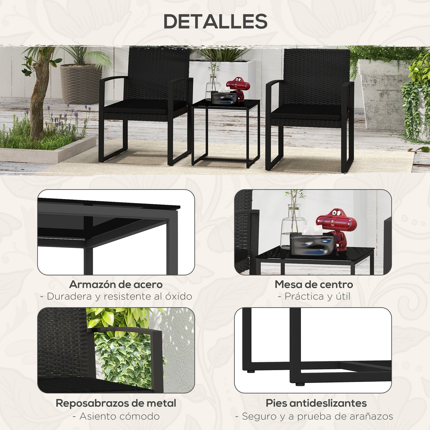 Outsunny Conjunto De Muebles De Jardín De Ratán Sintético Con Cojines Negro_5