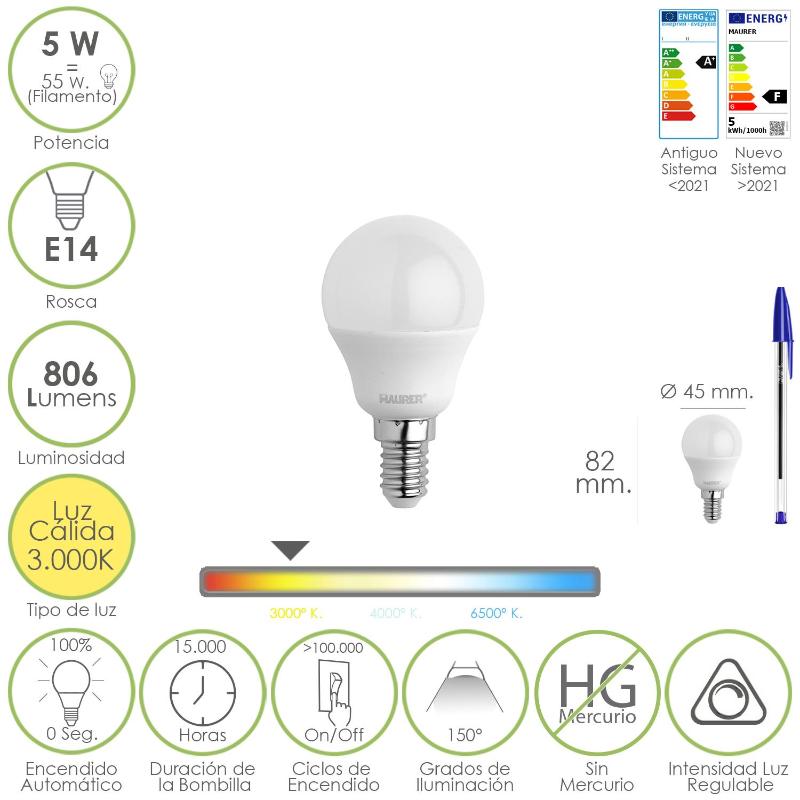 Bombilla Led Esferica Rosca E14. 5 Watt. Equivale A 55 Watt. 806 Lumenes. Regulable Luz Cálida (3000º K.)_0