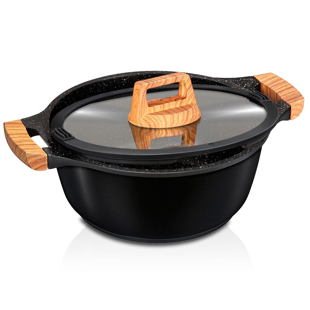 Batería Cocina Inducción 3 Piezas Aluminio Fundido Antiadherente Ilag Sin Pfoa Set Cazuelas Sartén Smile Wood, Negro