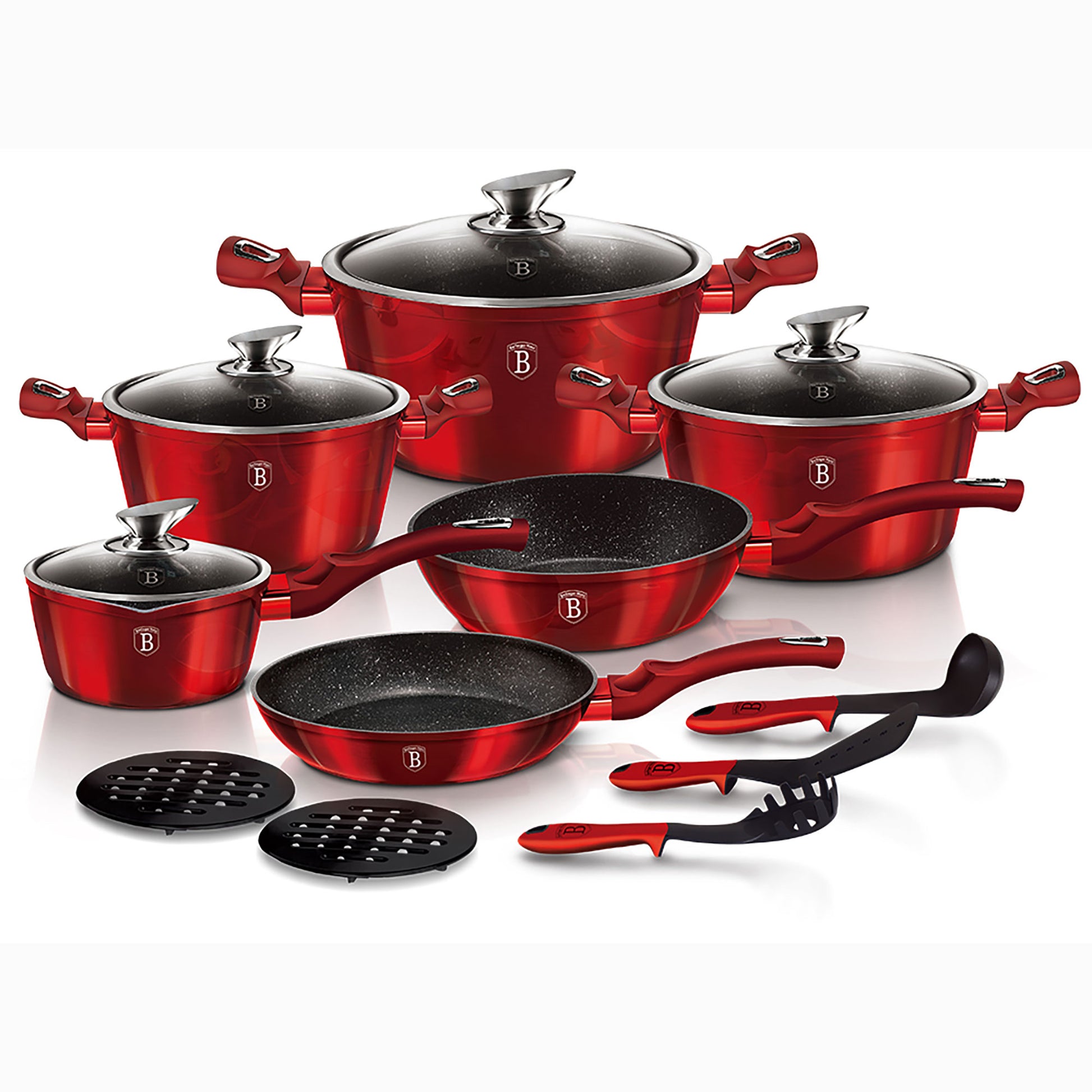 Batería Cocina Inducción 15 Piezas Antiadherente Sin Pfoa Aluminio Cazuelas Sartenes Utensilios Berlinger Haus Burgundy Rojo