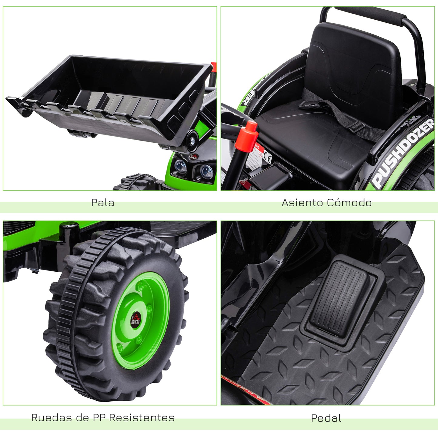 Homcom Tractor Eléctrico Niños +3 Años 6v Pala Luces Velocidad 2 Niveles Verde_5