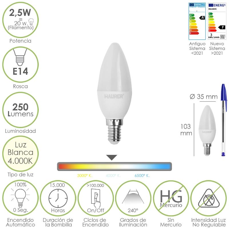 Bombilla Led Vela E14. 2,5 Watt. Equivale A 20 Watt. 250 Lumenes. Luz Neutra 4.000º K._0