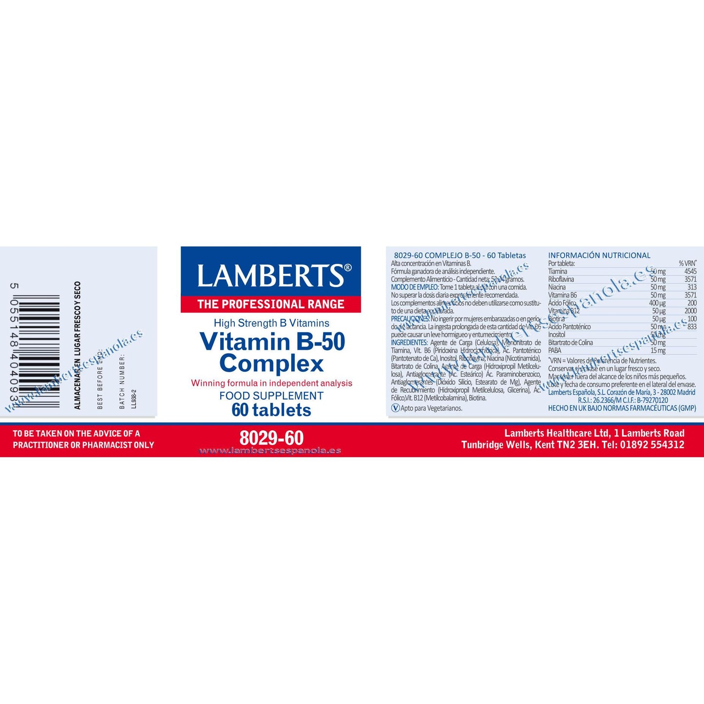 Complejo de Vitamina B-50 Lamberts, 60 tabletas