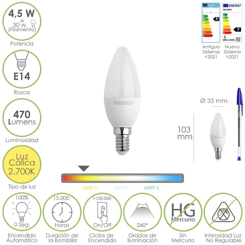 Bombilla Led Vela Rosca E14. 4,5 Watt. Equivale A 35 Watt. 470 Lumenes. Luz Cálida (2700º K)_0