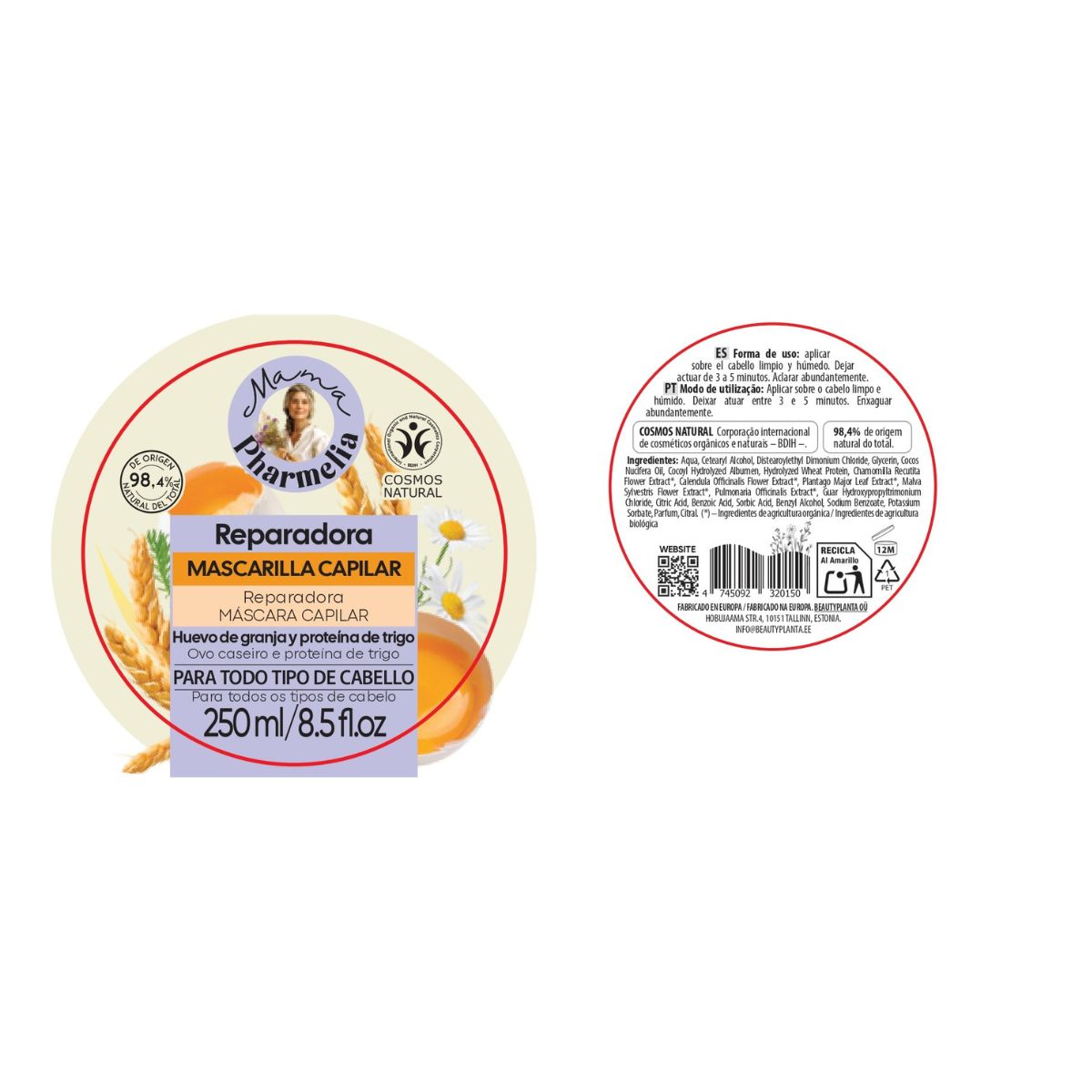 Mascarilla Capilar Reparadora con Huevo de Granja y Proteína de Trigo, Mama Pharmelia, 250 ml