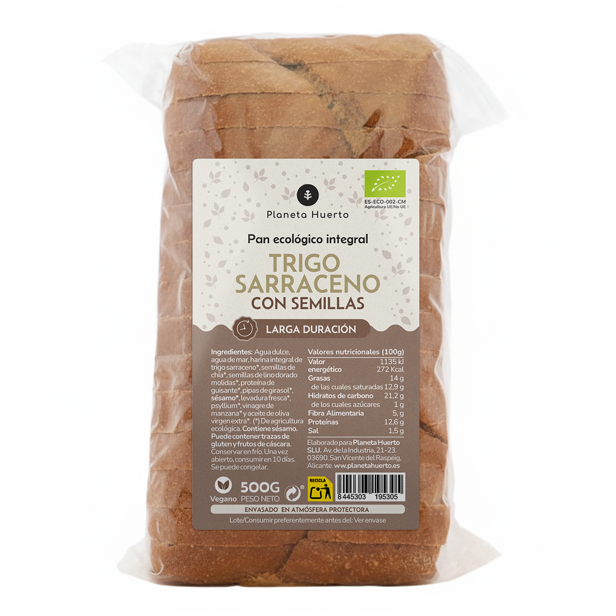Pan integral proteico de trigo sarraceno con semillas ECO Planeta Huerto 500 g