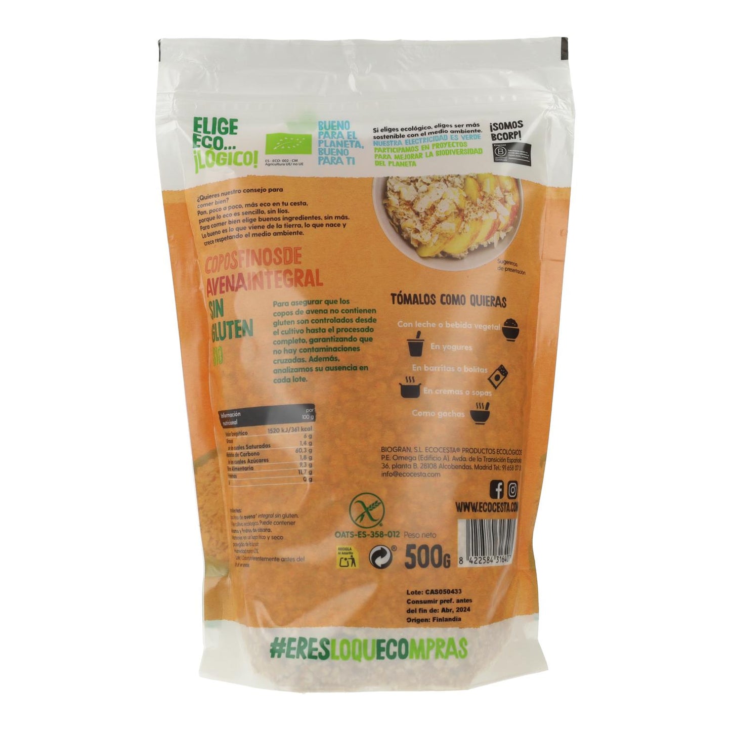 Copos Suaves De Avena Integral Sin Gluten Bio, 500 G Ecocesta