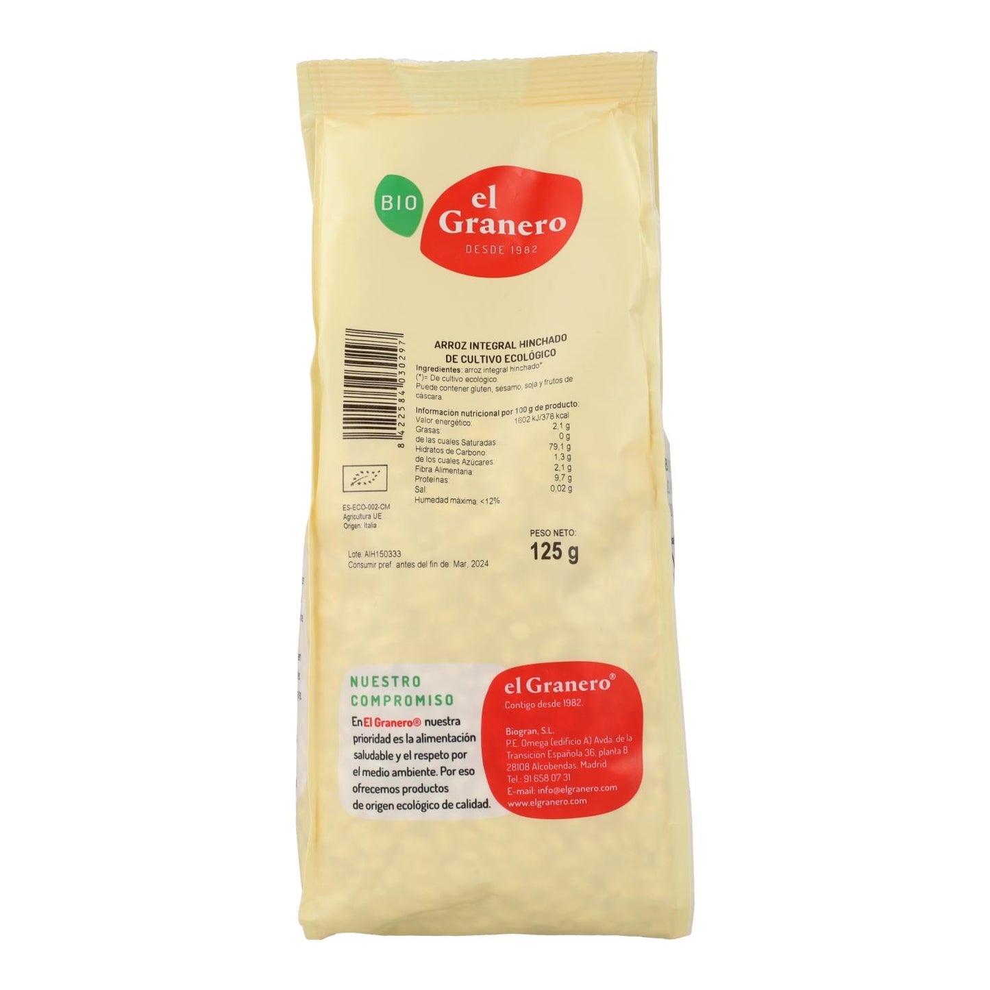 Arroz Integral Hinchado Bio El Granero, 125 g
