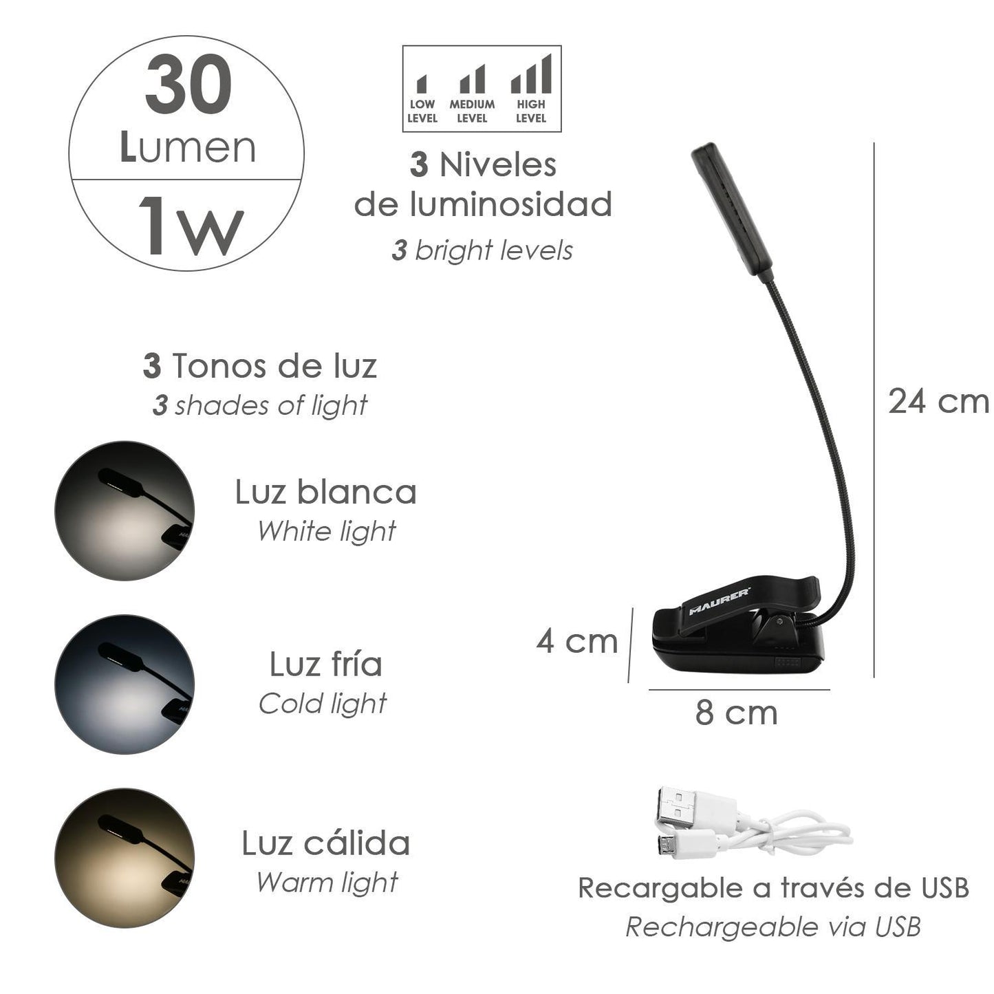 Linterna Led De Mesa / Lectura Bateria Recargable (1.000 Mah) 30 Lumenes Con Clip, 3 Tonos De Luz Y 3 Niveles De Luminosidad