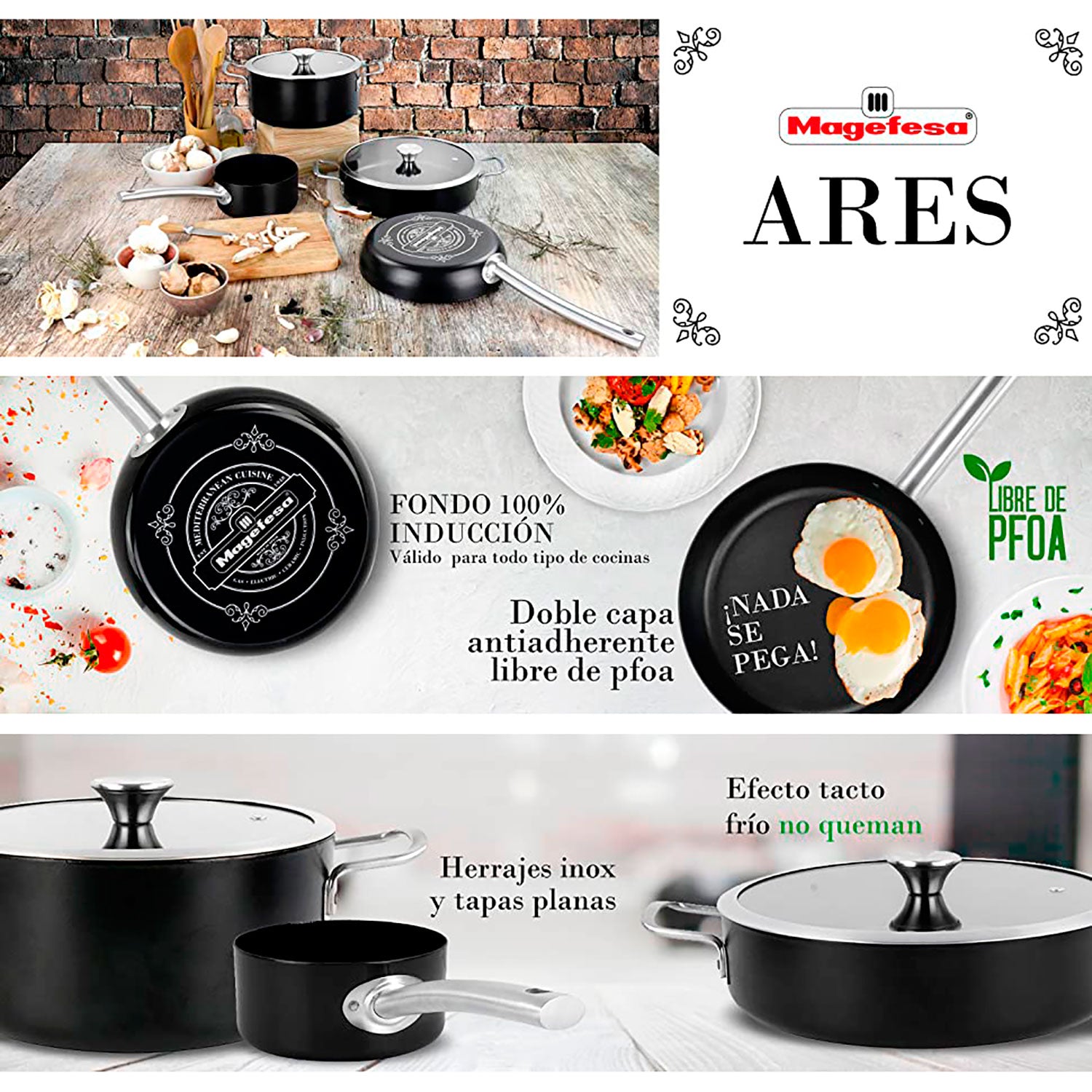 Batería Cocina Inducción 6 Piezas, Antiadherente Libre Pfoa Exterior Negro Mate Retro Vintage Magefesa Ares, Negro
