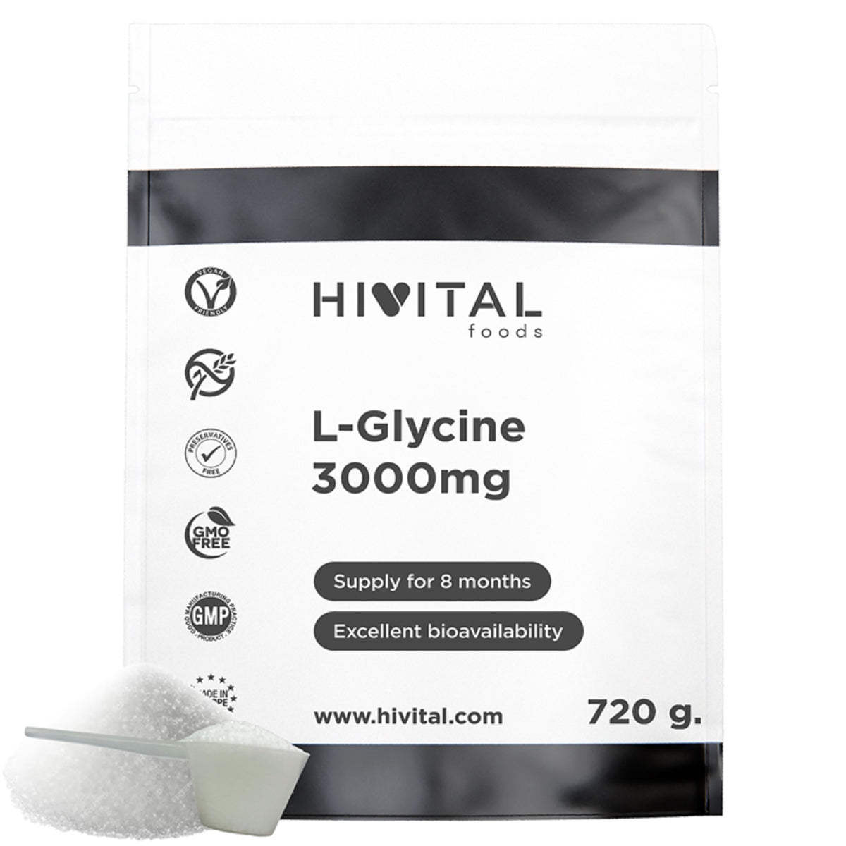 L-Glicina 3000 mg Hivital 720 gramos de polvo vegano
