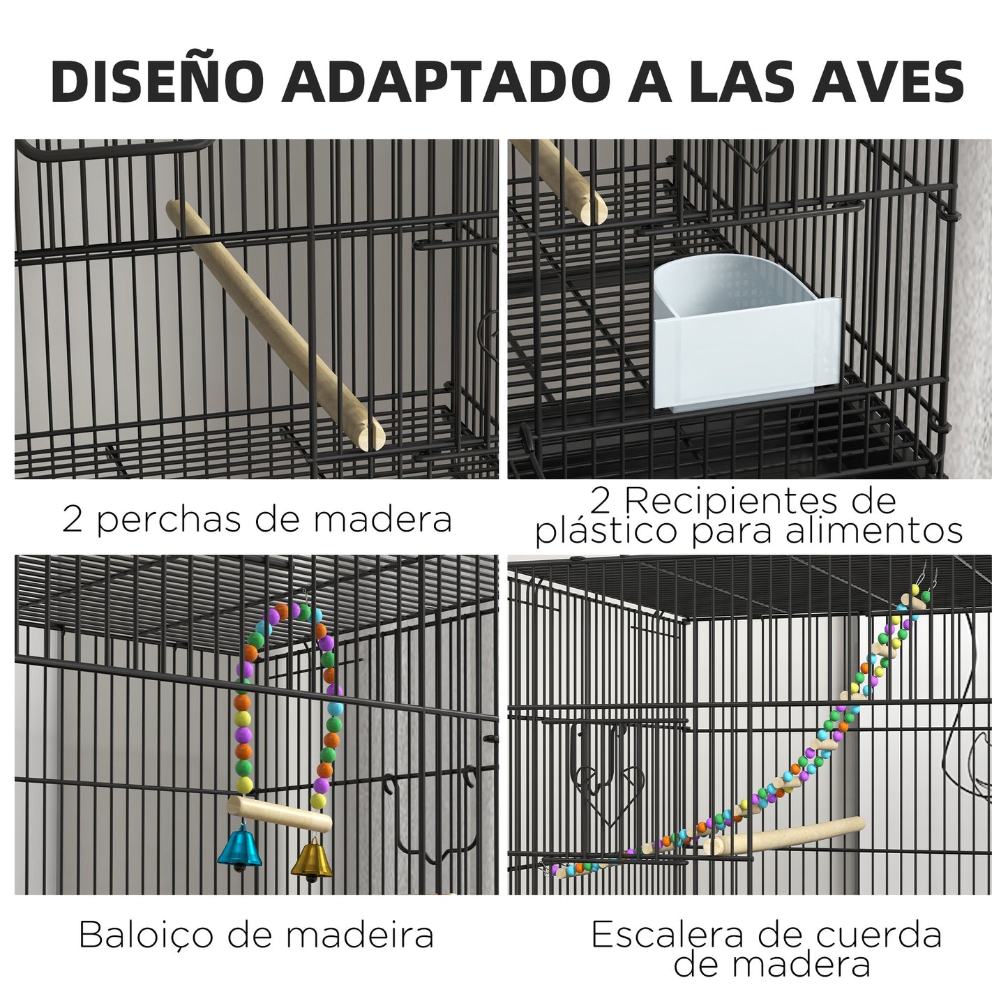 Pawhut Jaula Para Pájaros Doble Apilable 77x46x164 Cm Con Ruedas Negro_5