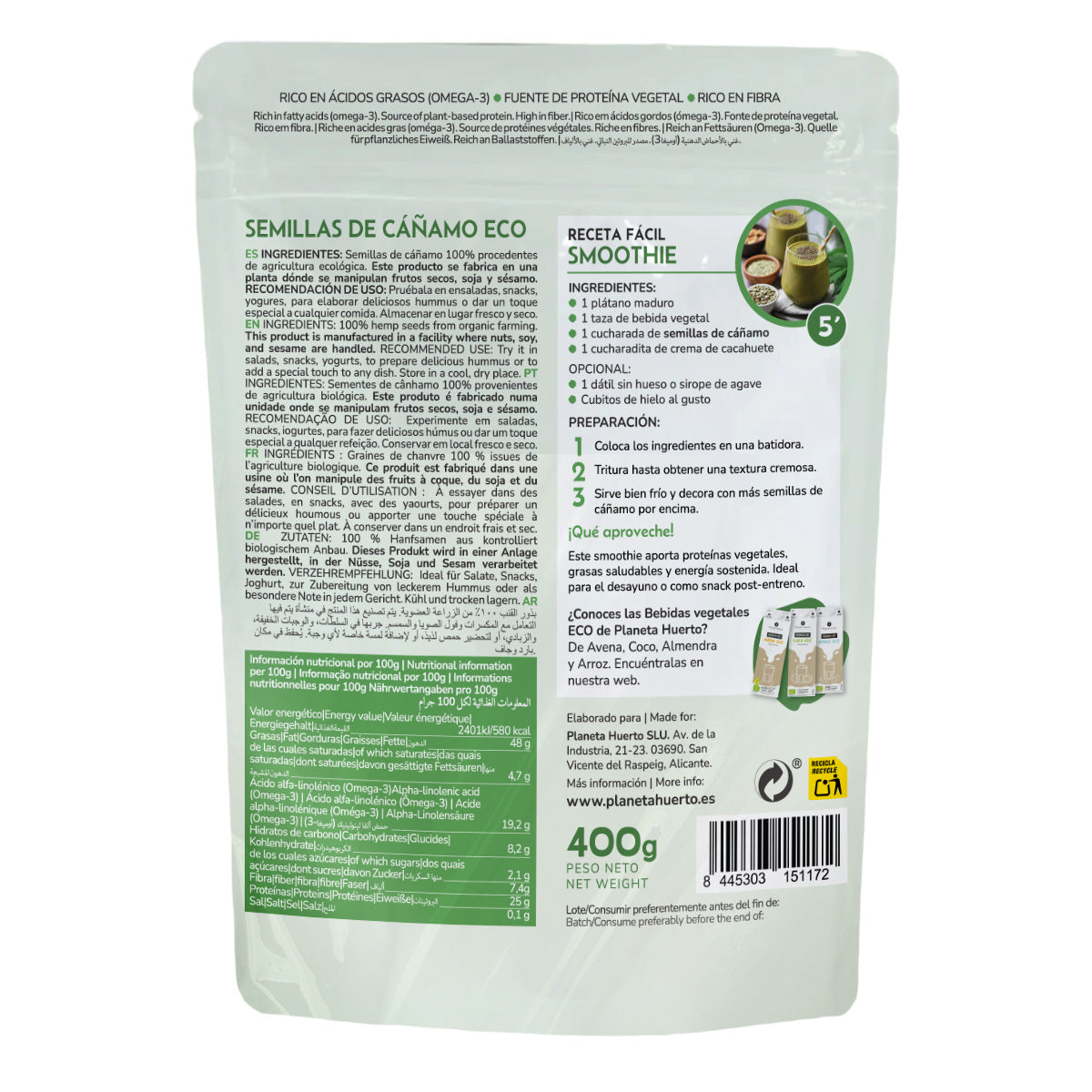 Semillas de cáñamo pelado ECO Planeta Huerto 400 g