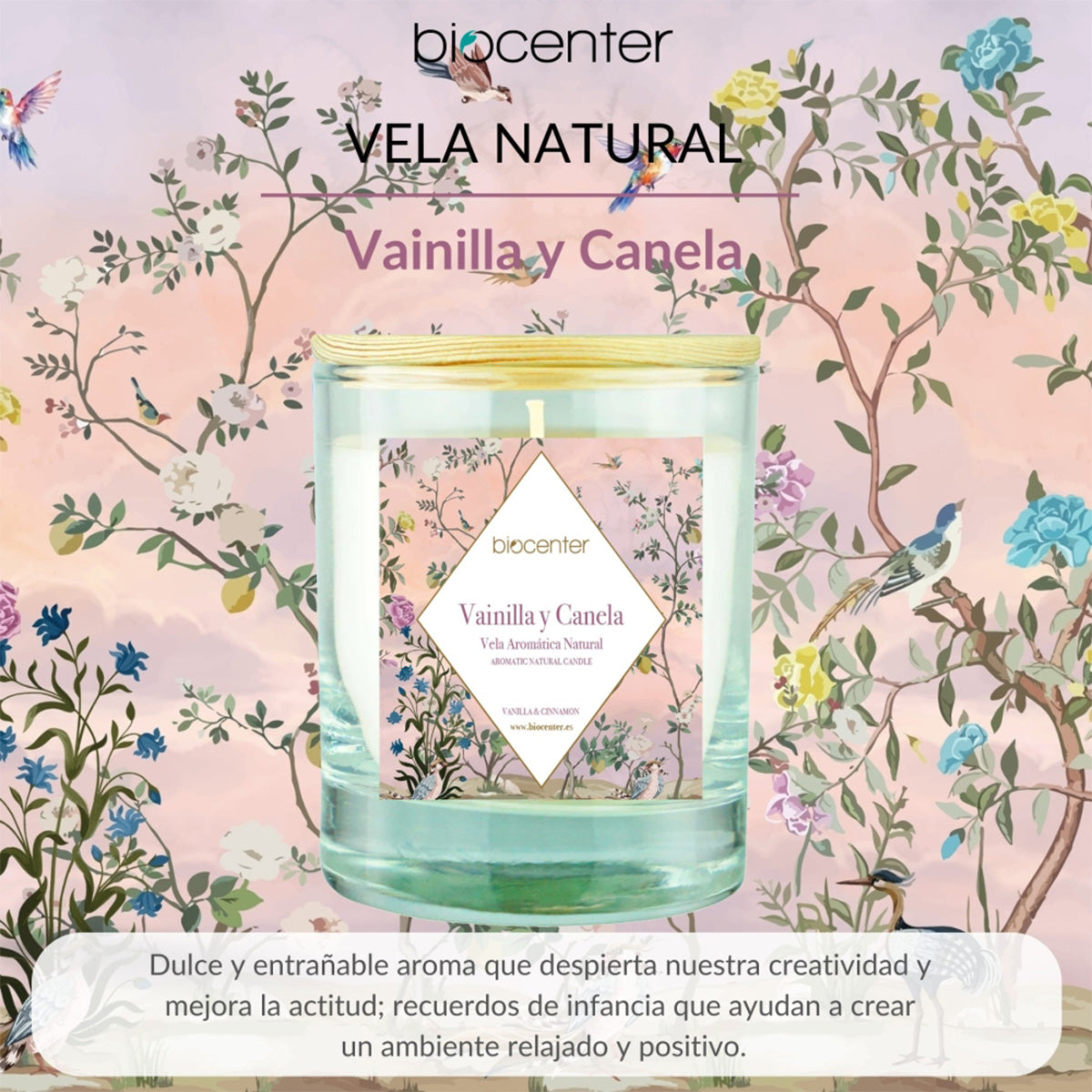 Vela natural Vainilla Canela - cera vegetal y aceites esenciales, Biocenter, 200 gr