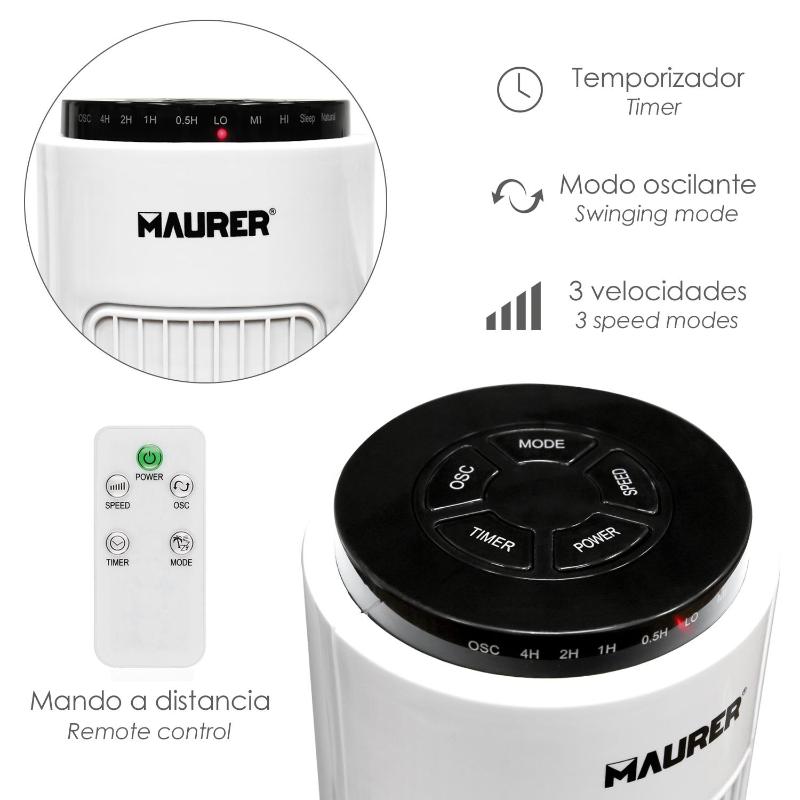 Ventilador Maurer Torre 73 Cm 3 Velocidades. Funcion Oscilante. Con Temporizador Y Mando A Distancia.