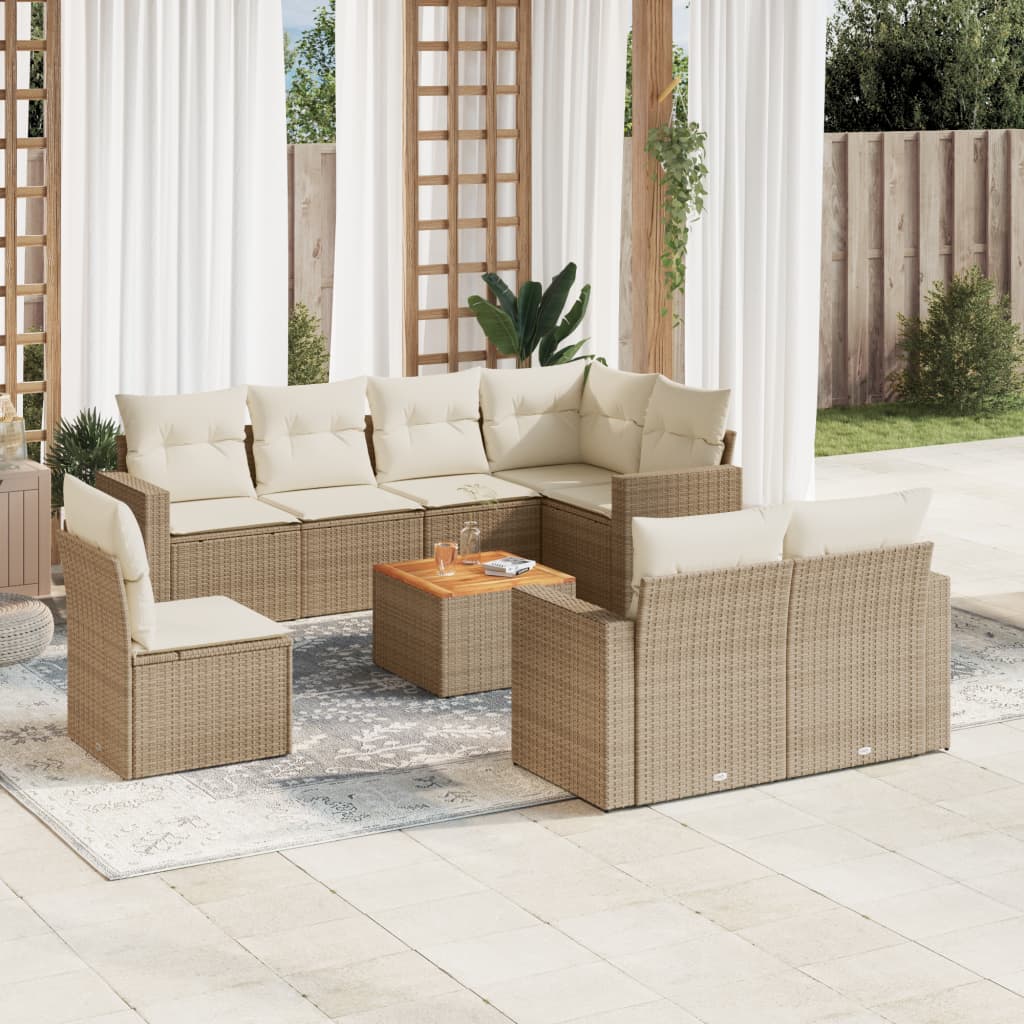 Set De Sofás De Jardín 9 Pzas Con Cojines Ratán Sintético Beige / Vetonek_2
