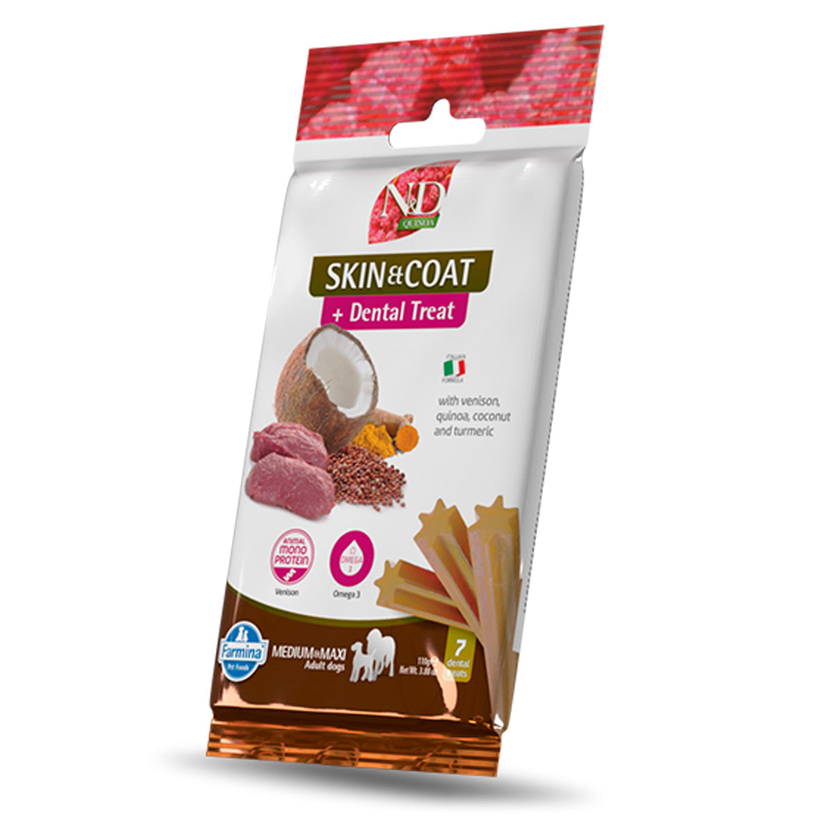 N&D Quinoa Canine Dental Treat Skin & Coat Venison razas med/max 100g 7 ud