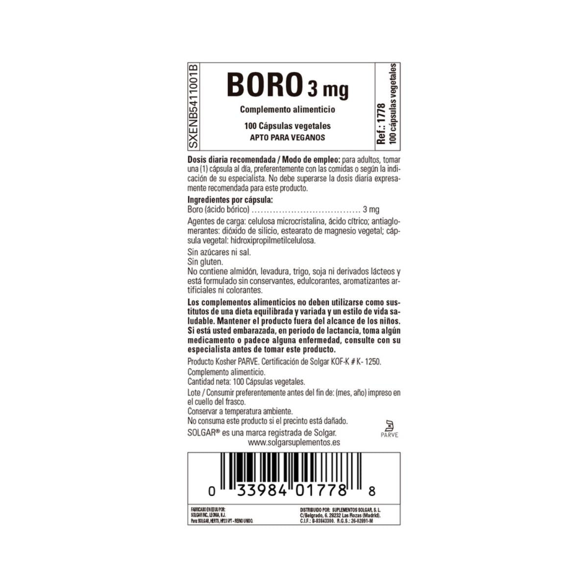 Boro 3 mg 100 Cápsulas vegetales Solgar